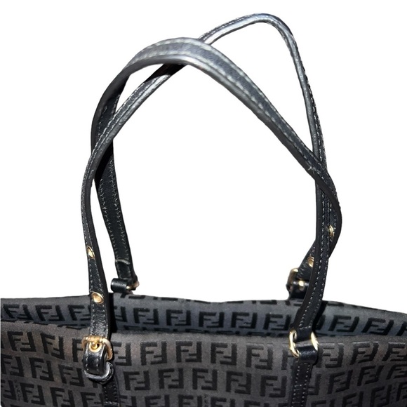 {EUC Fendi Black Zucchino Monogram Canvas Mini Tote Leather Handles Charm} - Picture 4 of 16